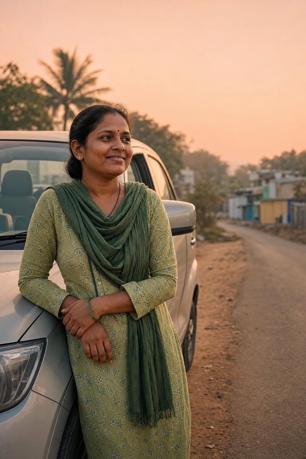 A woman standing beside a car on a local road at dawn