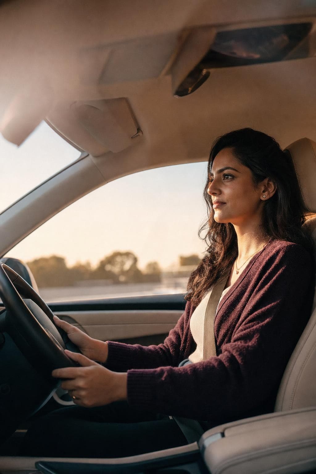A woman driver focused on the road in warm morning light